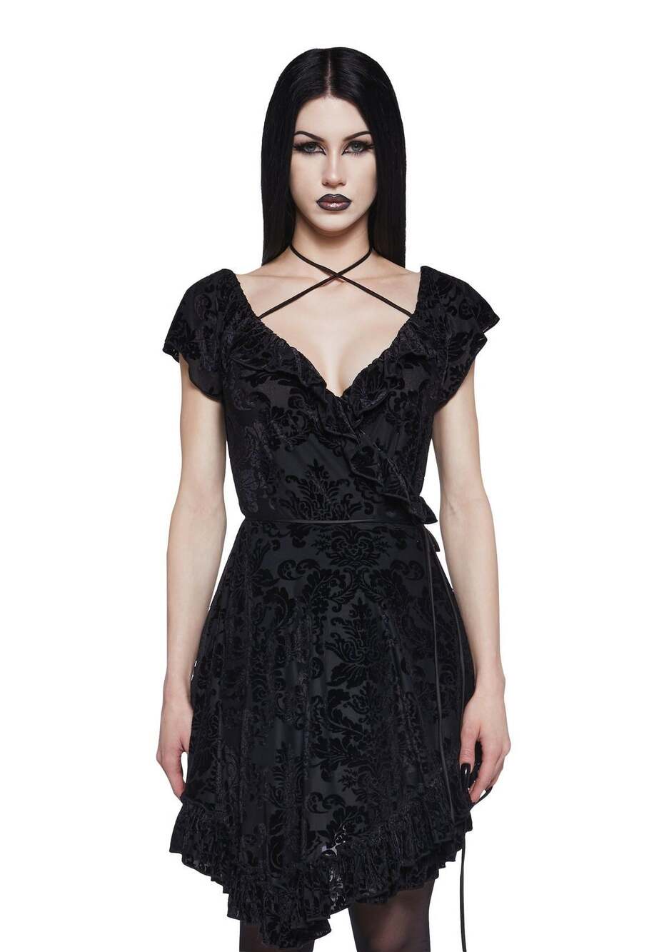 Widow 
Black Goth Floral Velvet Ruffled Wrap Dress